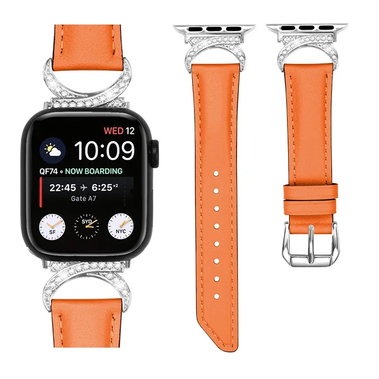 Band for Apple Watch Series 10 46mm / Ultra 2 Ultra 49mm /  Series 9 8 7 45mm / 6 5 4 SE (2023) SE (2022) SE 44mm / 3 2 1 42mm Genuine Cowhide Leather Rhinestone Strap with Silver Buckle - Orange