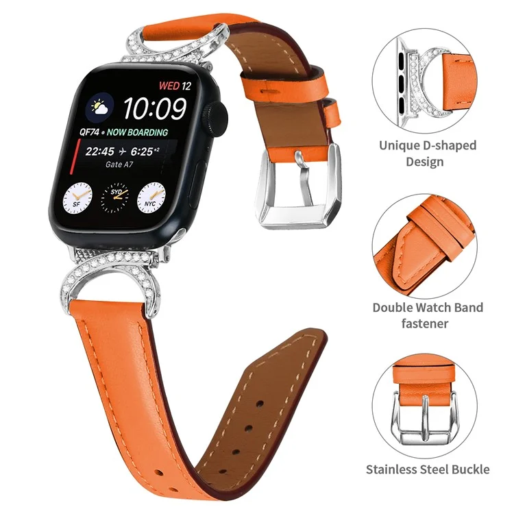Band for Apple Watch Series 10 46mm / Ultra 2 Ultra 49mm /  Series 9 8 7 45mm / 6 5 4 SE (2023) SE (2022) SE 44mm / 3 2 1 42mm Genuine Cowhide Leather Rhinestone Strap with Silver Buckle - Orange