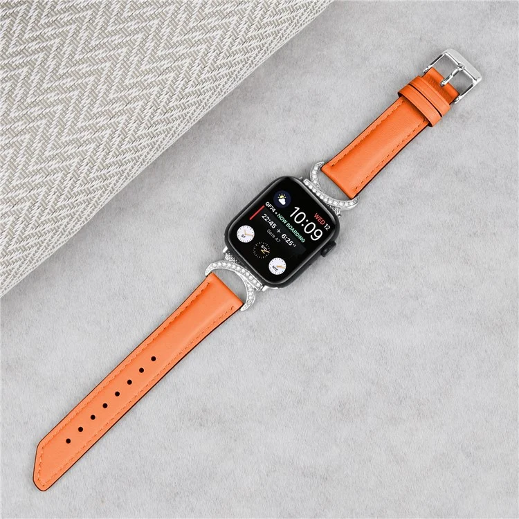Band for Apple Watch Series 10 46mm / Ultra 2 Ultra 49mm /  Series 9 8 7 45mm / 6 5 4 SE (2023) SE (2022) SE 44mm / 3 2 1 42mm Genuine Cowhide Leather Rhinestone Strap with Silver Buckle - Orange