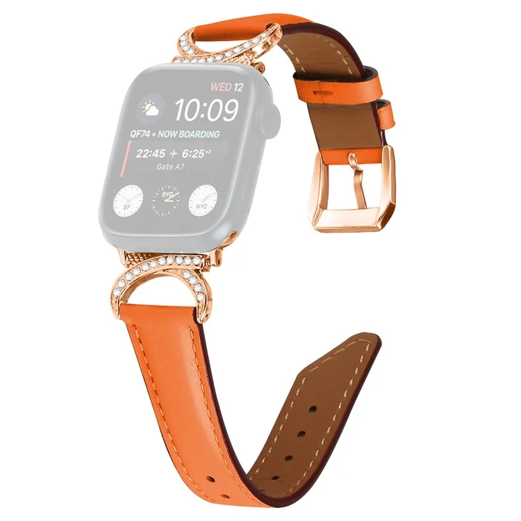 For Apple Watch Series 10 46mm / Ultra 2 Ultra 49mm /  Series 9 8 7 45mm / 6 5 4 SE (2023) SE (2022) SE 44mm / 3 2 1 42mm Rhinestone Decor Genuine Cowhide Leather Strap with Rose Gold Buckle - Orange