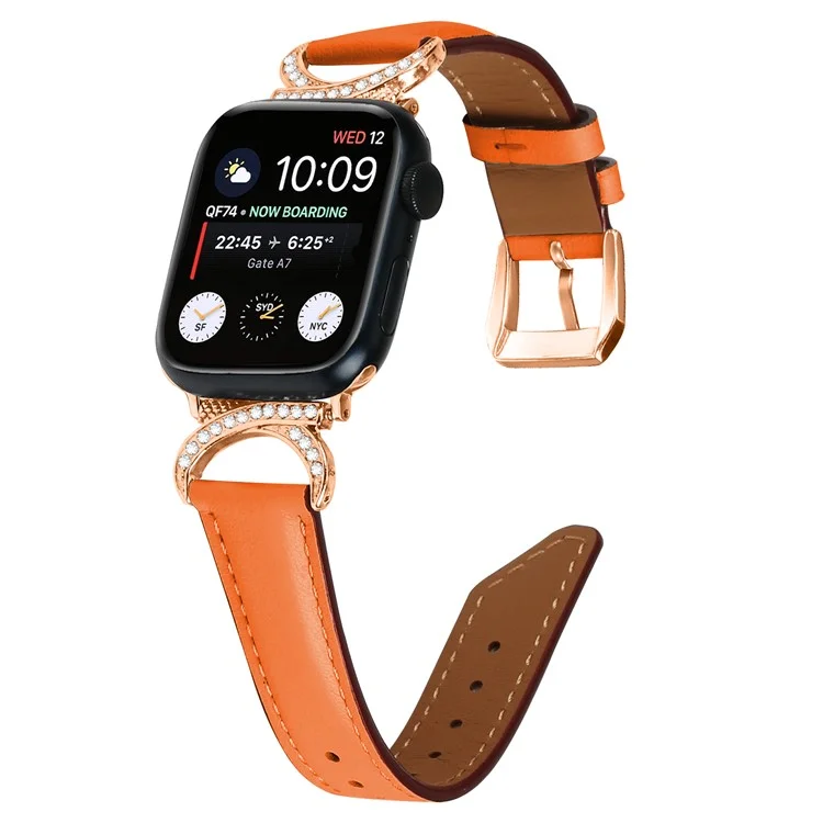 For Apple Watch Series 10 46mm / Ultra 2 Ultra 49mm /  Series 9 8 7 45mm / 6 5 4 SE (2023) SE (2022) SE 44mm / 3 2 1 42mm Rhinestone Decor Genuine Cowhide Leather Strap with Rose Gold Buckle - Orange