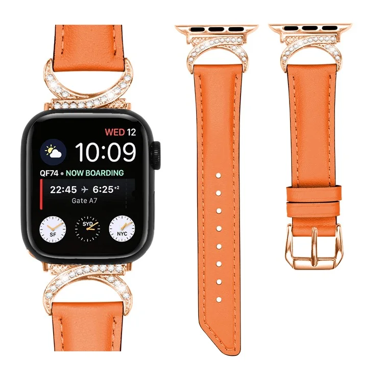 For Apple Watch Series 10 46mm / Ultra 2 Ultra 49mm /  Series 9 8 7 45mm / 6 5 4 SE (2023) SE (2022) SE 44mm / 3 2 1 42mm Rhinestone Decor Genuine Cowhide Leather Strap with Rose Gold Buckle - Orange