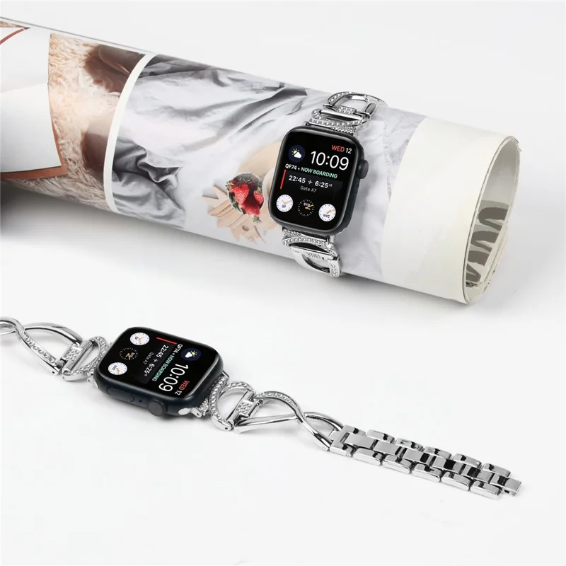 Alloy Watch Band for Apple Watch Series 11 10 42mm / 9 8 7 41mm / SE3 SE2 SE 6 5 4 40mm / 3 2 1 38mm Rhinestones Decor Wrist Strap - Silver