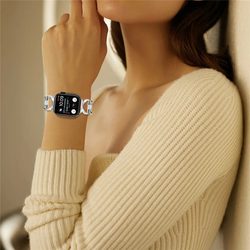 Alloy Watch Band for Apple Watch Series 11 10 42mm / 9 8 7 41mm / SE3 SE2 SE 6 5 4 40mm / 3 2 1 38mm Rhinestones Decor Wrist Strap - Silver