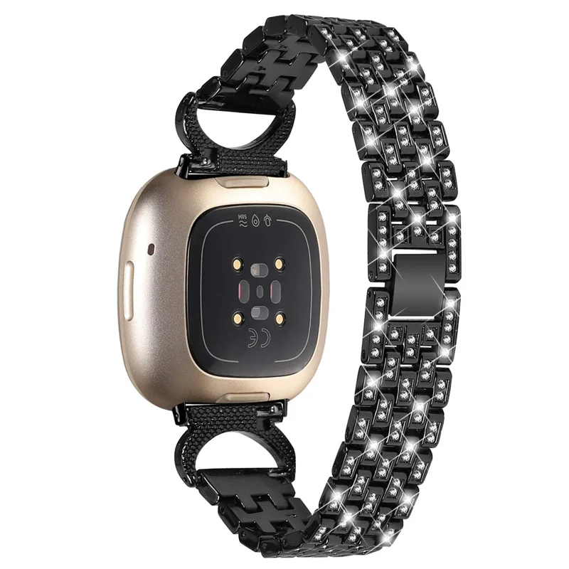 Für Fitbit Versa 4 / Sense 2 Edelstahl-Uhrenarmband 5-Bead-Rhinestone-Dekor-Riemen - Schwarz