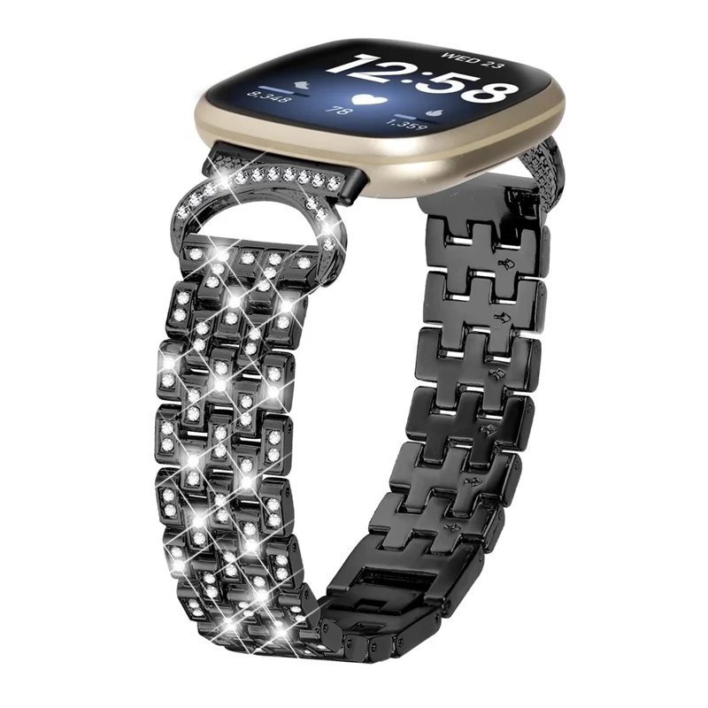 Für Fitbit Versa 4 / Sense 2 Edelstahl-Uhrenarmband 5-Bead-Rhinestone-Dekor-Riemen - Schwarz