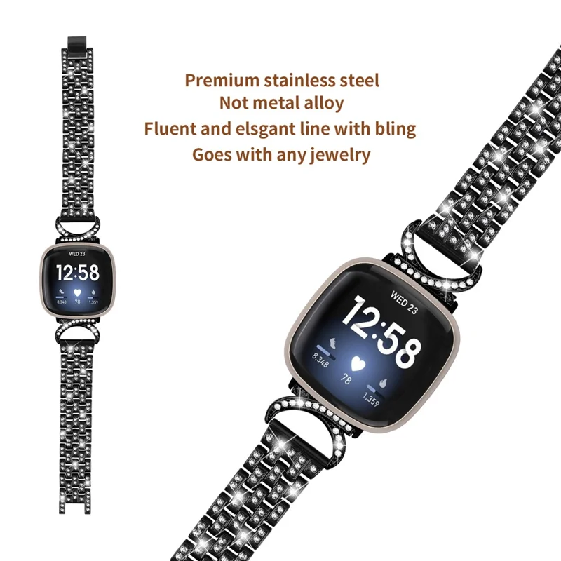 Für Fitbit Versa 4 / Sense 2 Edelstahl-Uhrenarmband 5-Bead-Rhinestone-Dekor-Riemen - Schwarz