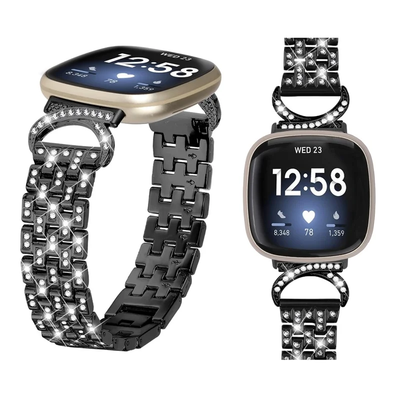 Für Fitbit Versa 4 / Sense 2 Edelstahl-Uhrenarmband 5-Bead-Rhinestone-Dekor-Riemen - Schwarz