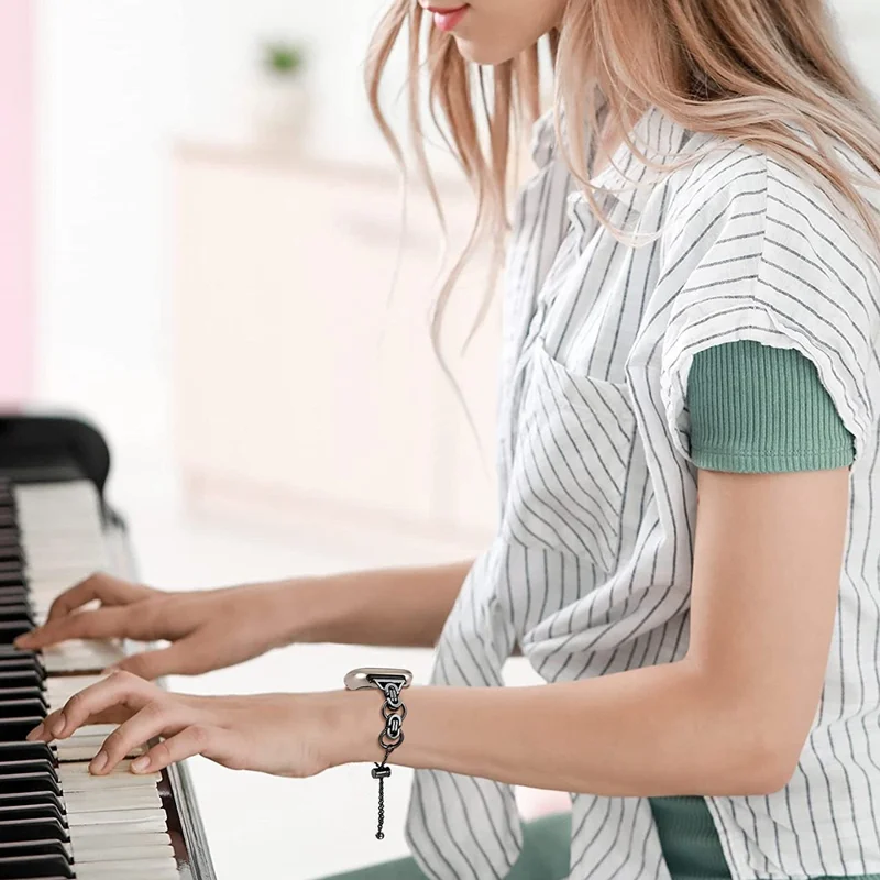 Per Fitbit Versa 4 / Sense 2 Beaded-Bracelet Band Acciaio Inossidabile Cinturino Orologio Sostitutivo - Nero