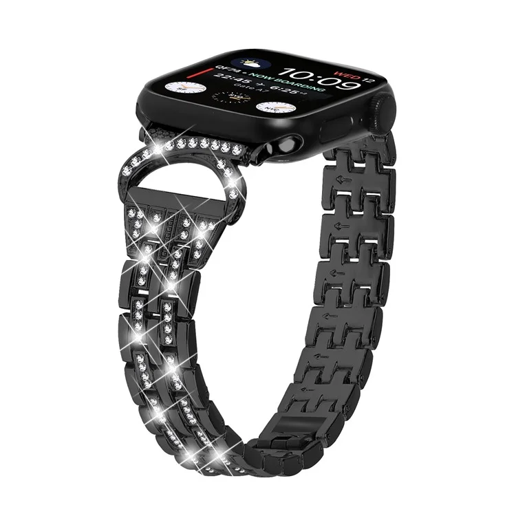 Watch Band for Apple Watch Series 10 42mm / 9 8 7 41mm / SE (2023) SE (2022) SE 6 5 4 40mm / 3 2 1 38mm Stainless Steel Rhinestone Decor 5-Bead Strap - Black