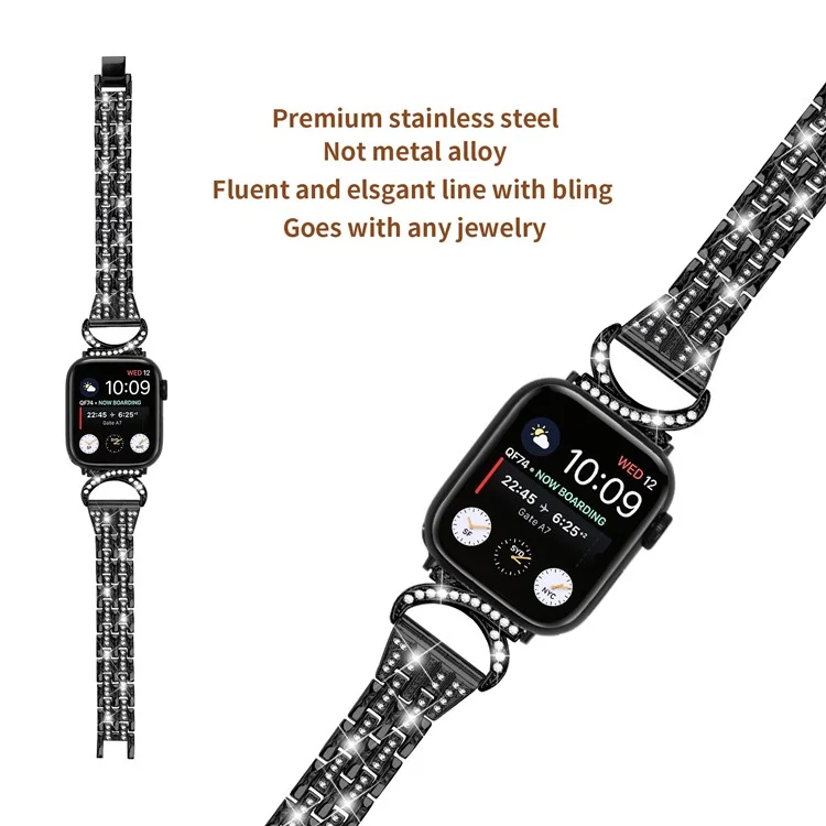 Watch Band for Apple Watch Series 10 42mm / 9 8 7 41mm / SE (2023) SE (2022) SE 6 5 4 40mm / 3 2 1 38mm Stainless Steel Rhinestone Decor 5-Bead Strap - Black