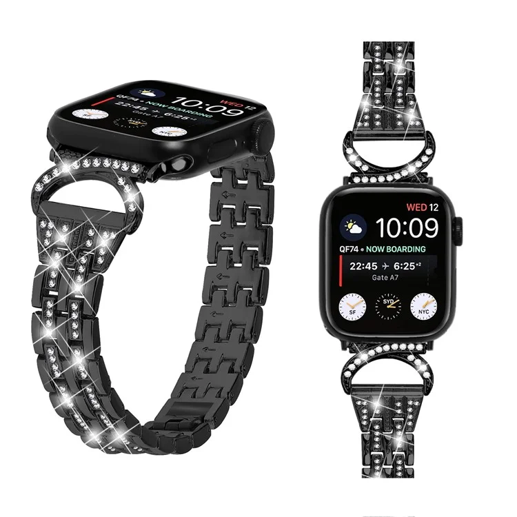 Watch Band for Apple Watch Series 10 42mm / 9 8 7 41mm / SE (2023) SE (2022) SE 6 5 4 40mm / 3 2 1 38mm Stainless Steel Rhinestone Decor 5-Bead Strap - Black