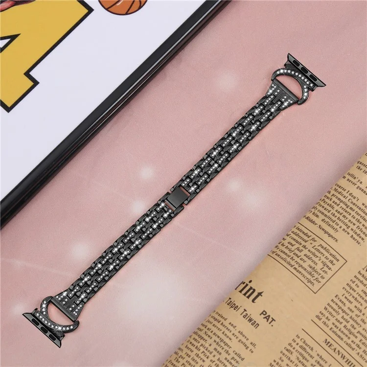 Watch Band for Apple Watch Series 10 42mm / 9 8 7 41mm / SE (2023) SE (2022) SE 6 5 4 40mm / 3 2 1 38mm Stainless Steel Rhinestone Decor 5-Bead Strap - Black