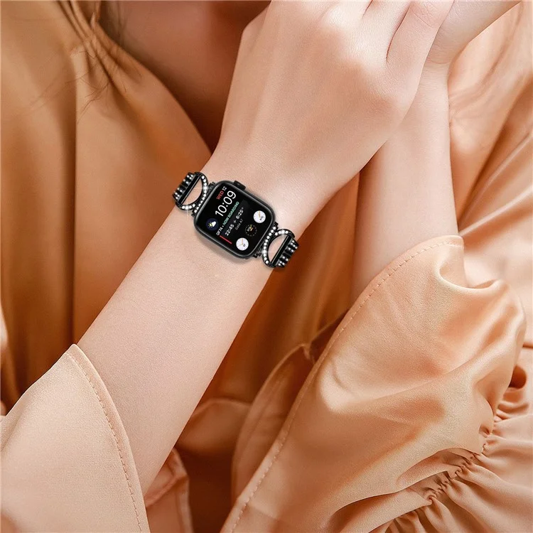 Watch Band for Apple Watch Series 10 42mm / 9 8 7 41mm / SE (2023) SE (2022) SE 6 5 4 40mm / 3 2 1 38mm Stainless Steel Rhinestone Decor 5-Bead Strap - Black
