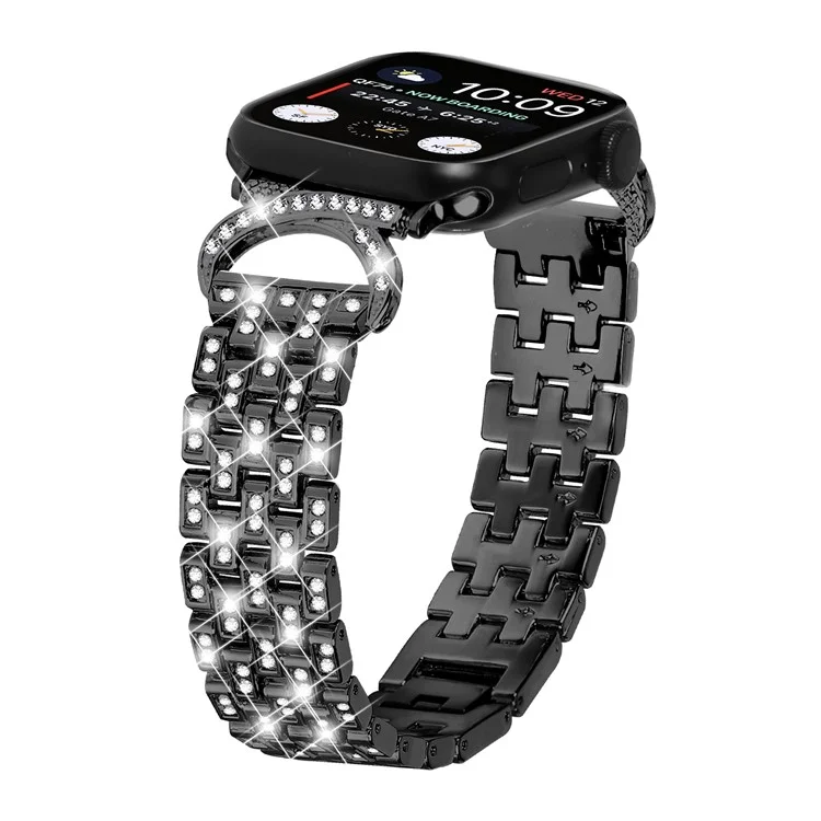 Ремешок для часов Bling Band Watch для Apple Watch Series 10 42мм / 9 8 7 41мм / SE (2023) SE (2022) SE 6 5 4 40мм / 3 2 1 38мм с декором из кристаллов, нержавеющая сталь, 5-рядный - черный