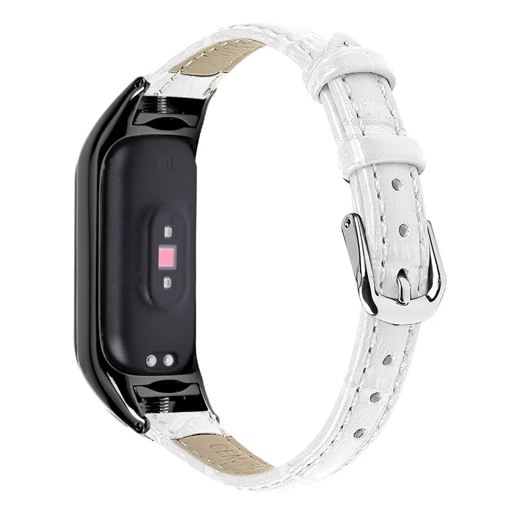 Para Xiaomi Smart Band 8 Genuine Cowhide Leather Strap Bamboo Grain Watch Band with Black Frame Case - White