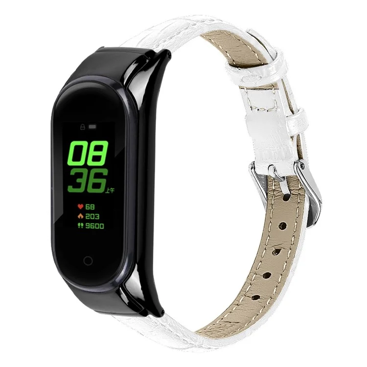 Para Xiaomi Smart Band 8 Genuine Cowhide Leather Strap Bamboo Grain Watch Band with Black Frame Case - White