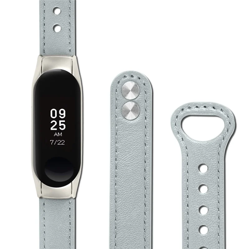 For Xiaomi Smart Band 8 Rivets Decor Watch Band Genuine Cowhide Leather Strap with Silver Watch Case - Elephant Grey