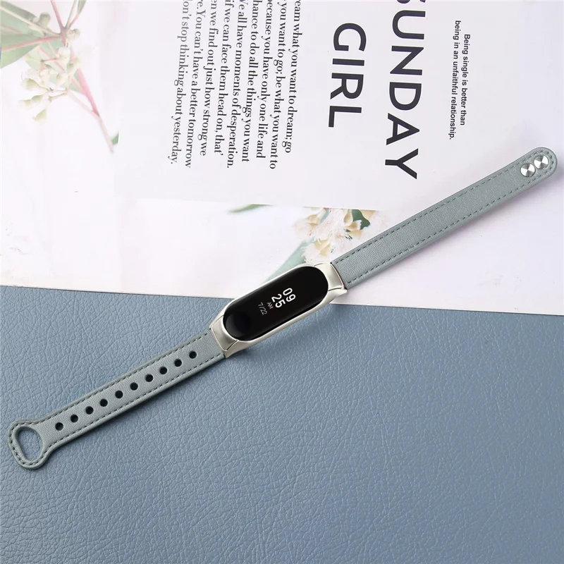 For Xiaomi Smart Band 8 Rivets Decor Watch Band Genuine Cowhide Leather Strap with Silver Watch Case - Elephant Grey