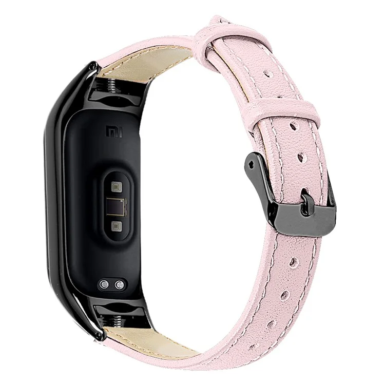 Pour Xiaomi Smart Band 8 Véritable Bracelet en Cuir de Vache Avec Boîtier de Montre Noir - Rose