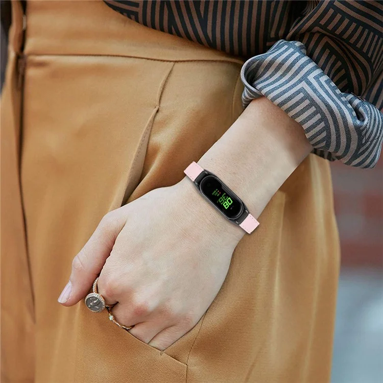 Pour Xiaomi Smart Band 8 Véritable Bracelet en Cuir de Vache Avec Boîtier de Montre Noir - Rose