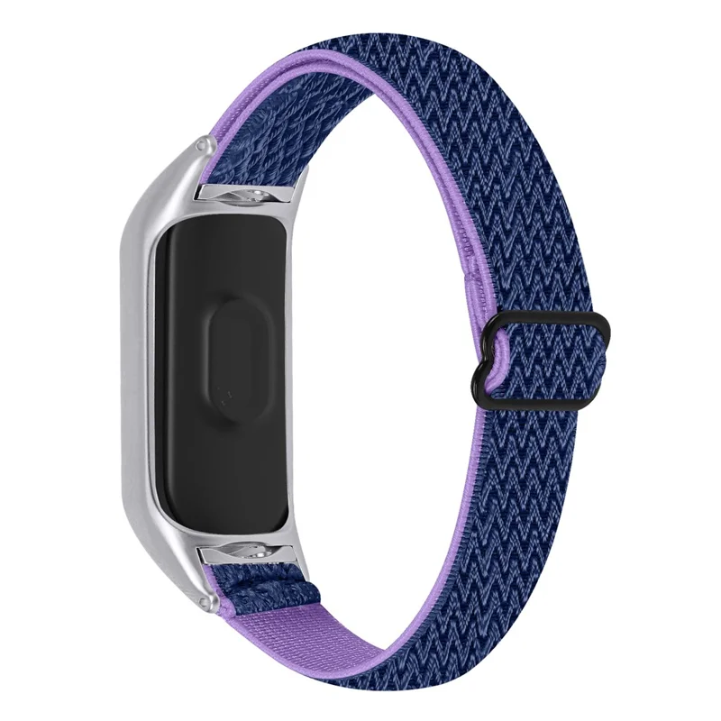 For Xiaomi Smart Band 8 Braided Solo Loop Watch Band Stretchy Nylon Elastic Straps with Silver Watch Case - Purple+Blue