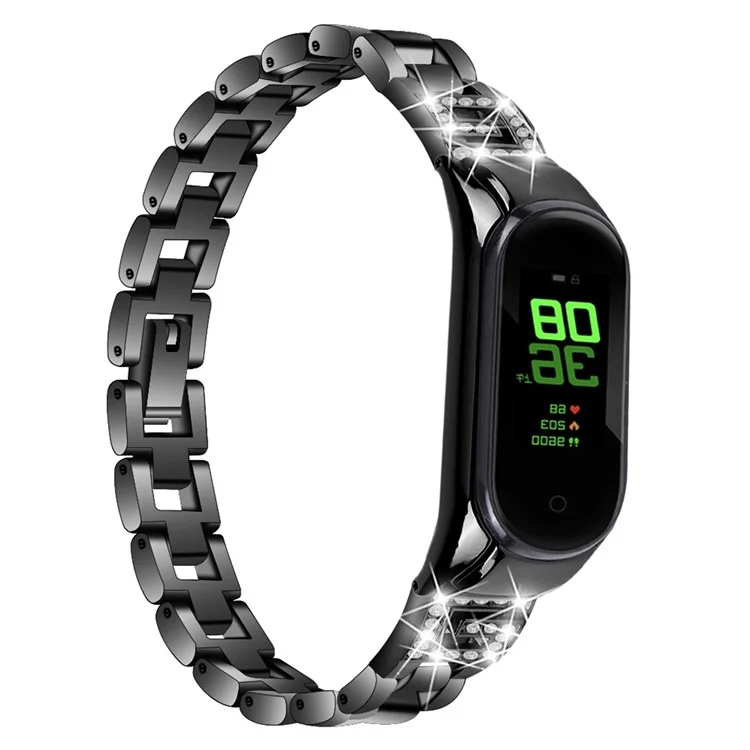 Für Xiaomi Mi Band 9 NFC / Mi Band 9 / Smart Band 8 NFC / Smart Band 8 G Letter Rhinestone-Dekor Uhrenarmband Edelstahl Armband - Schwarz