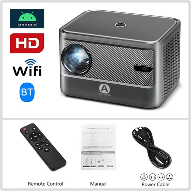 AUN A002 Proyector de Cine en Casa Portátil Android 9.0 HD Video Video Refirma WiFi Bluetooth LED LED - Enchufe de la ue