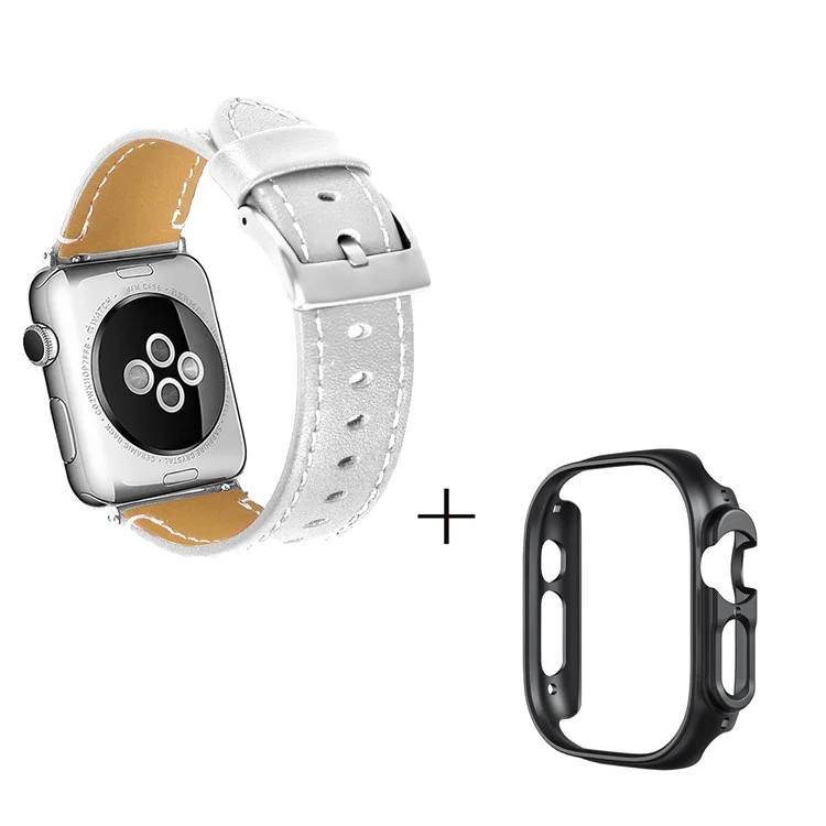 Pour Apple Watch Ultra 49mm Watch Band Genuine Cow Leather Strap with Black PC Watch Case - White