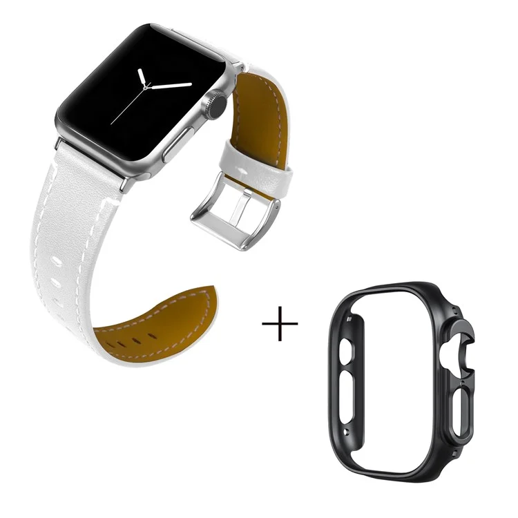Pour Apple Watch Ultra 49mm Watch Band Genuine Cow Leather Strap with Black PC Watch Case - White