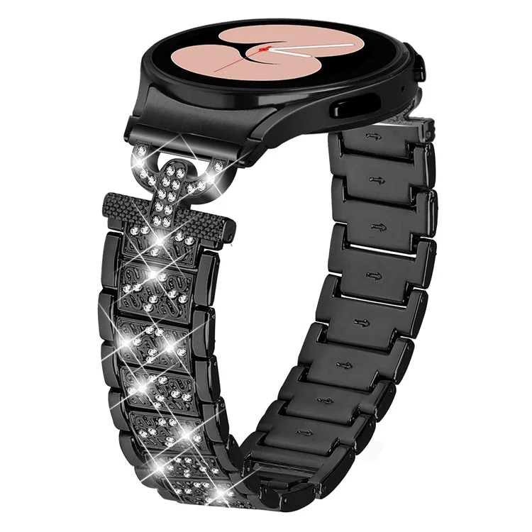 For Samsung Galaxy Watch 6 40mm / 44mm Easy Installation Stainless Steel Watch Strap 3-Bead Rhinestone Watch Band - Black