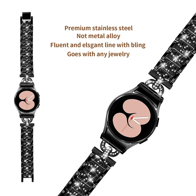 For Samsung Galaxy Watch 6 40mm / 44mm Easy Installation Stainless Steel Watch Strap 3-Bead Rhinestone Watch Band - Black