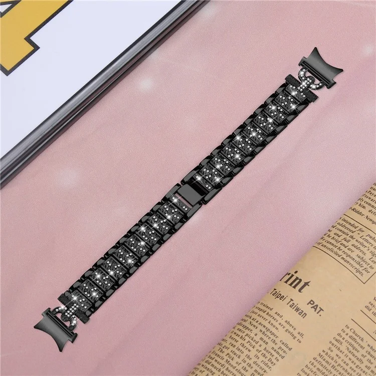 For Samsung Galaxy Watch 6 40mm / 44mm Easy Installation Stainless Steel Watch Strap 3-Bead Rhinestone Watch Band - Black