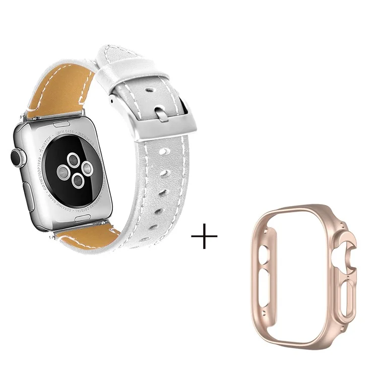Para Apple Watch Ultra 49mm Sport Muñequera Correa de Cuero Auténtico de Vaca con Caja de Reloj de PC Chapada en Oro Rosa - Blanco