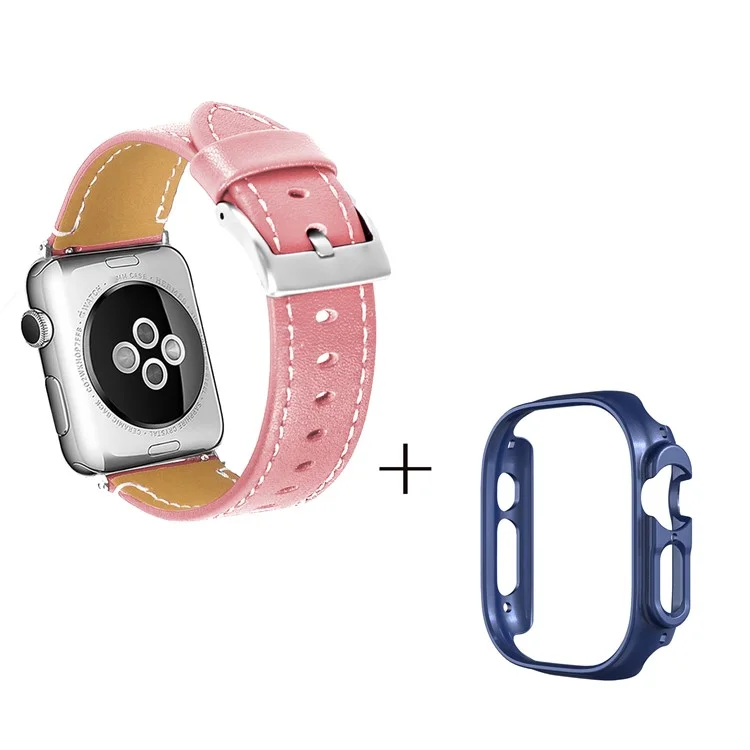 For Apple Watch Ultra 49mm Genuine Cow Leather Wristbands Strap with Midnight Blue PC Watch Case - Pink