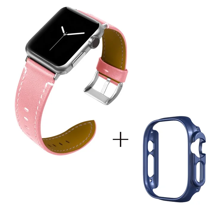 For Apple Watch Ultra 49mm Genuine Cow Leather Wristbands Strap with Midnight Blue PC Watch Case - Pink