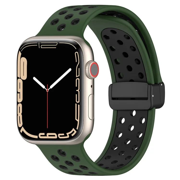 For Apple Watch Series 10 46mm / Ultra 2 Ultra 49mm /  Series 9 8 7 45mm / 6 5 4 SE (2023) SE (2022) SE 44mm / 3 2 1 42mm Silicone Strap Dual Color Breathable Watch Band - Army Green / Black