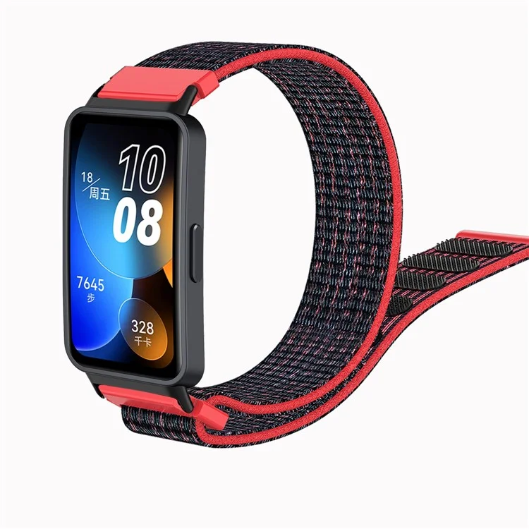 For Huawei Band 8 Nylon Watch Band Adjustable Sport Loop Breathable Replacement Strap - Black / Red