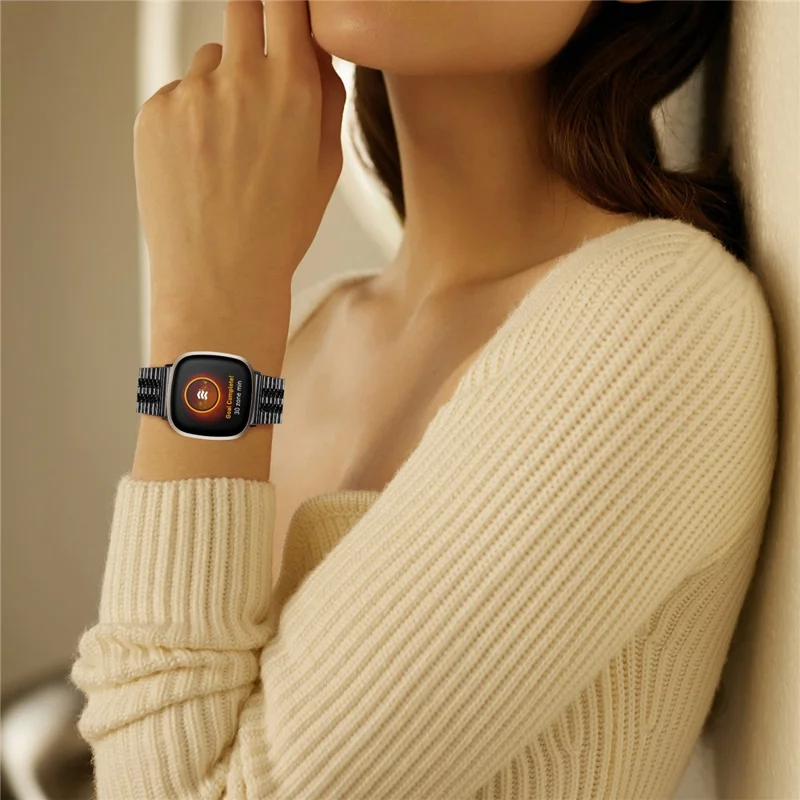 For Fitbit Versa 4 / Sense 2 Smart Watch Band 5 Beads Stainless Steel Replacement Wrist Strap - Black