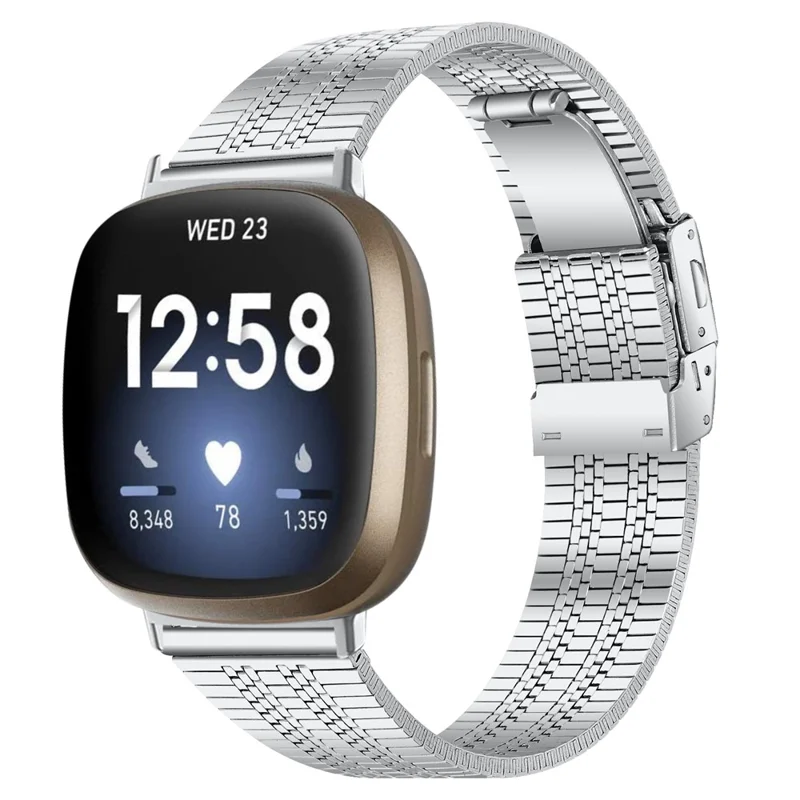 Für Fitbit Versa 4 / Sense 2 Ersatz Smart Watch Armband 5 Perlen Edelstahl Armband - Silber