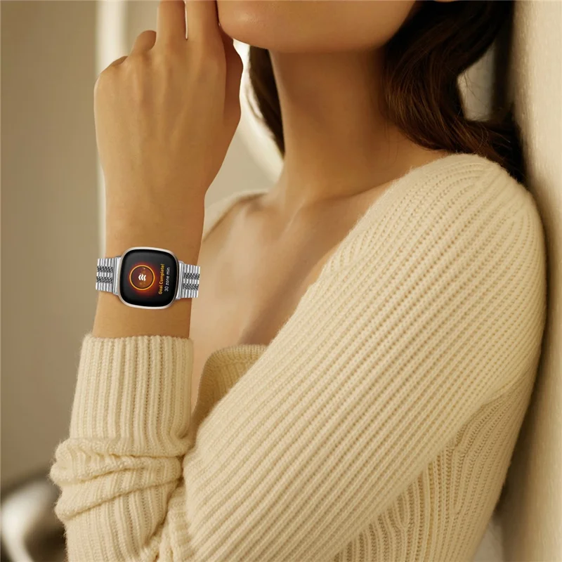 Für Fitbit Versa 4 / Sense 2 Ersatz Smart Watch Armband 5 Perlen Edelstahl Armband - Silber