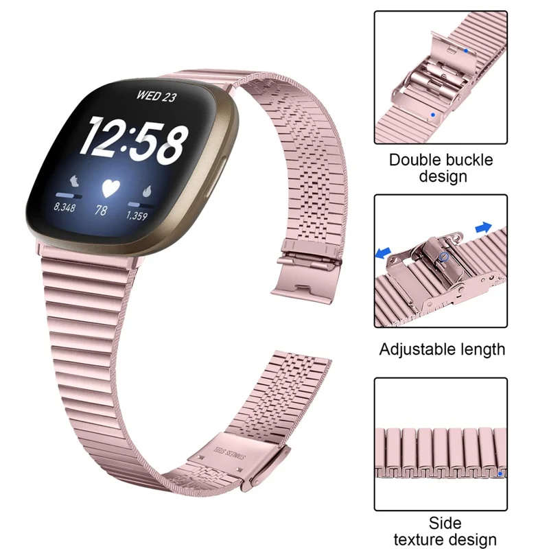 For Fitbit Versa 4 / Sense 2 Adjustable Stainless Steel Watch Band Replacement Wrist Strap - Rose Pink