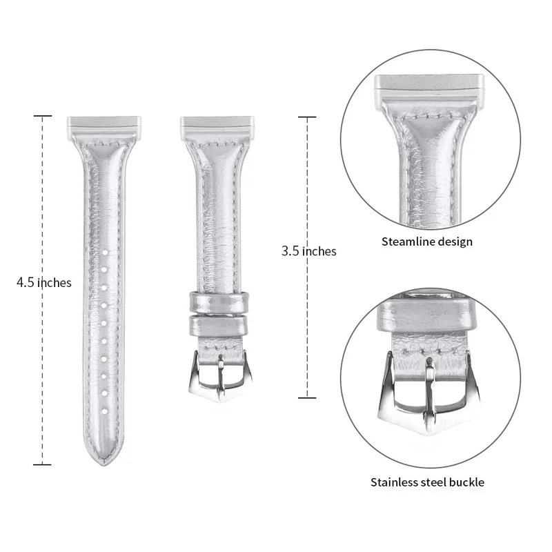 Para Fitbit Versa 4 / Sense 2 Genuine Cow Leather Watch Band 20mm Slim Watch Strap - Bright Silver