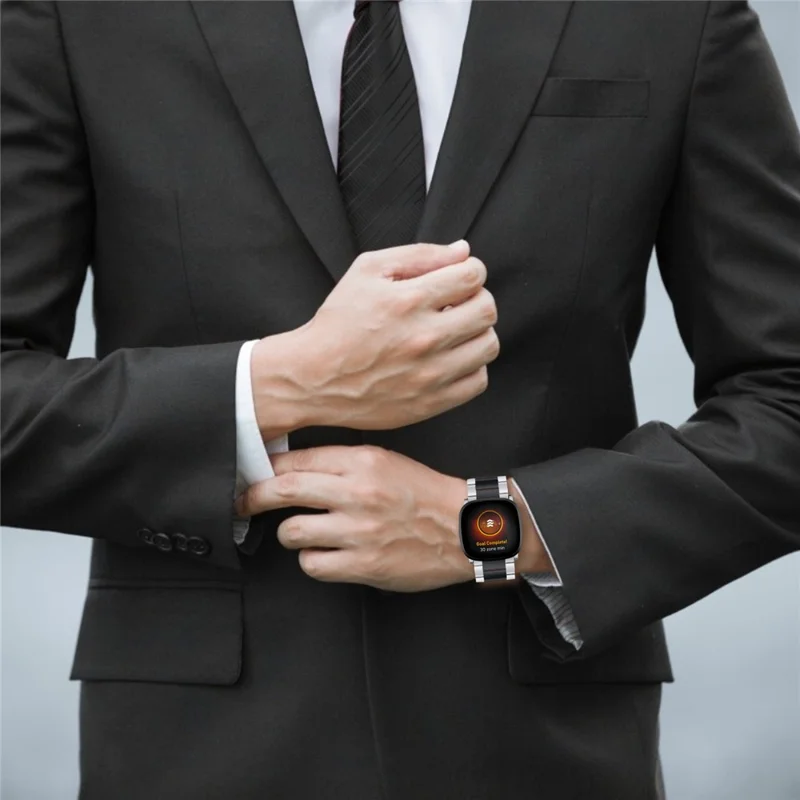 Für Fitbit Versa 4 / Sense 2 Stylish 3 Beads Edelstahl Smart Watch Band Ersatz Armband - Silber / Schwarz