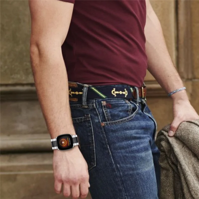 Für Fitbit Versa 4 / Sense 2 Stylish 3 Beads Edelstahl Smart Watch Band Ersatz Armband - Silber / Schwarz