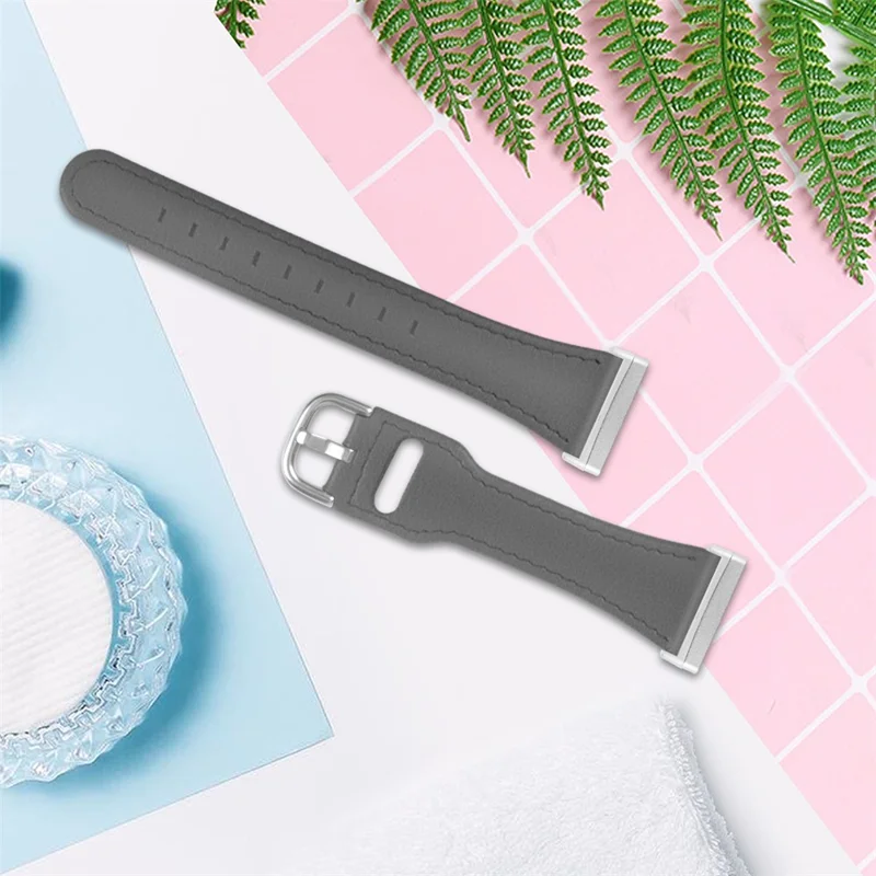 Per Fitbit Versa 4 / Sense 2 Watch Band Genuine Cow Leather Strap Replacement - Grey