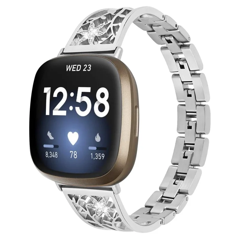 Watch Strap for Fitbit Versa 4 / Sense 2 , Rhinestone Decor Stainless Steel Replacement Wrist Band - Silver
