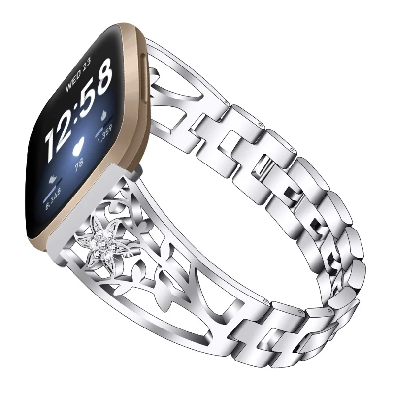 Watch Strap for Fitbit Versa 4 / Sense 2 , Rhinestone Decor Stainless Steel Replacement Wrist Band - Silver