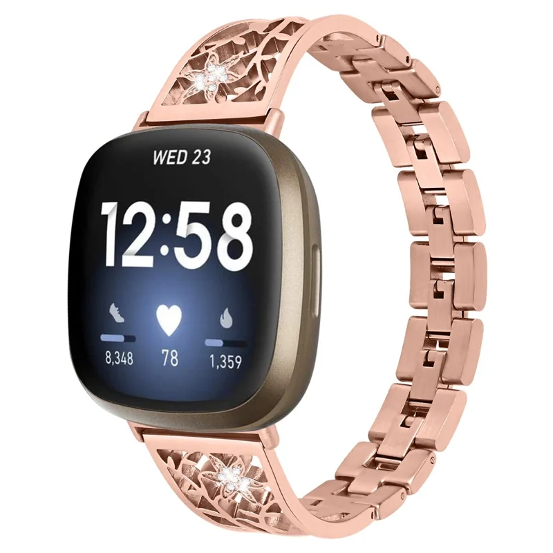 For Fitbit Versa 4 / Sense 2 Rhinestone Decor Stainless Steel Watch Strap Replacement Smartwatch Band - Rose Gold
