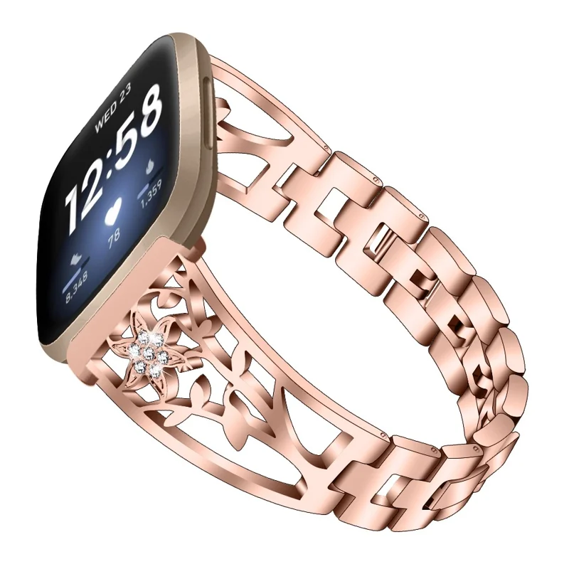For Fitbit Versa 4 / Sense 2 Rhinestone Decor Stainless Steel Watch Strap Replacement Smartwatch Band - Rose Gold